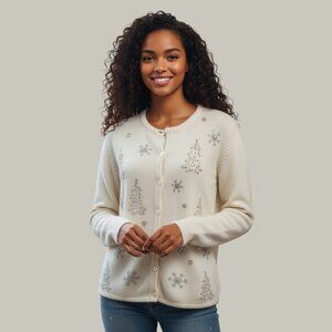 Vt Croft & Barrow Women Sweater Wool Blend White Beaded Embroidered Christmas  L